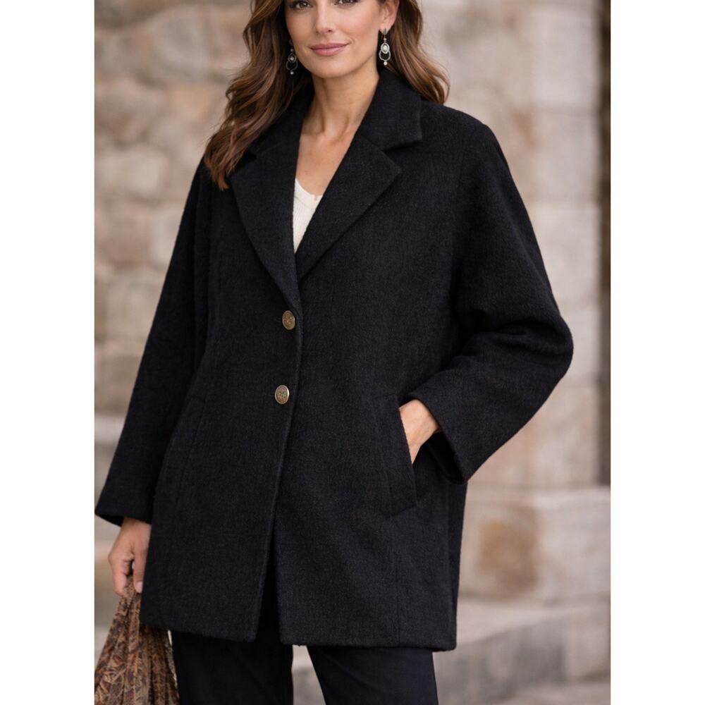 Peruvian Connection Alpaca Wool Coat Women’s L Black Tailored Gold Button Luxury